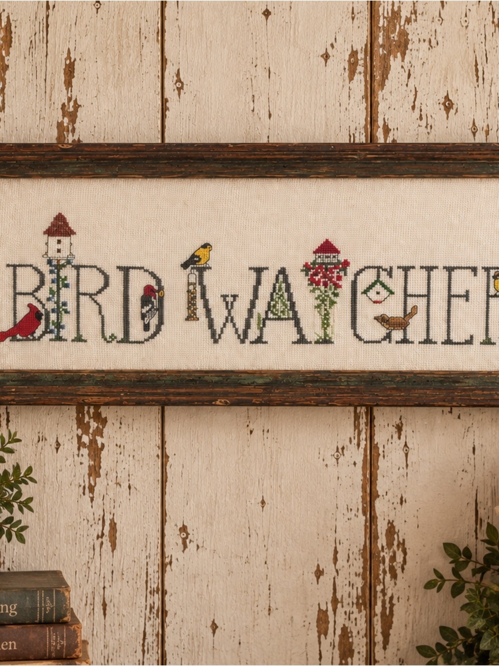 Vintage Bird Watcher Framed Cross-Stitch Wall Decor